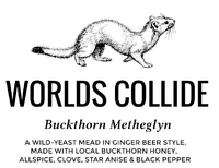A beverage label with line-art of a weasel and the words described in the accompanying text